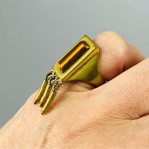 Vintage Taxco Brass Tiger’s Eye Brass Ring with Fringe Handmade Signed 1970’s